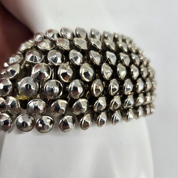 Stretch Metal Bead Bracelet Costume Jewelry Textured Jingle Silver Plated - Picture 2 of 8